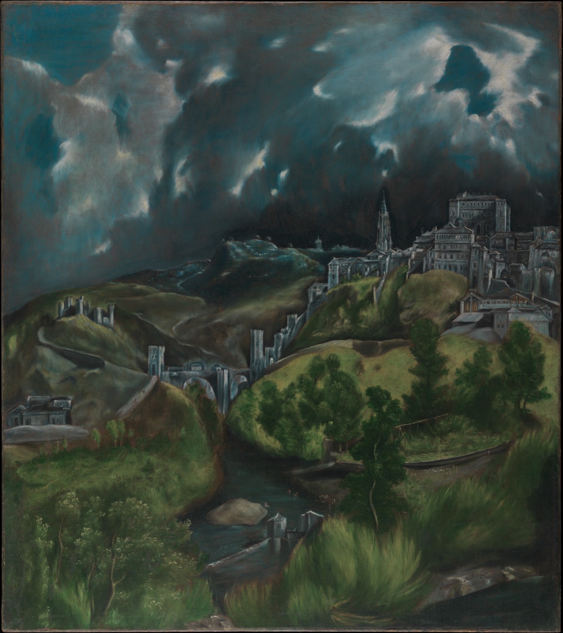 格列柯《托莱多风景》：墨绿与铅灰的雷雨云在山城上空拧成漩涡，大教堂尖塔与宫墙沿山脊排开，阿尔坎塔拉桥横过塔霍河湾，前景草地妖绿